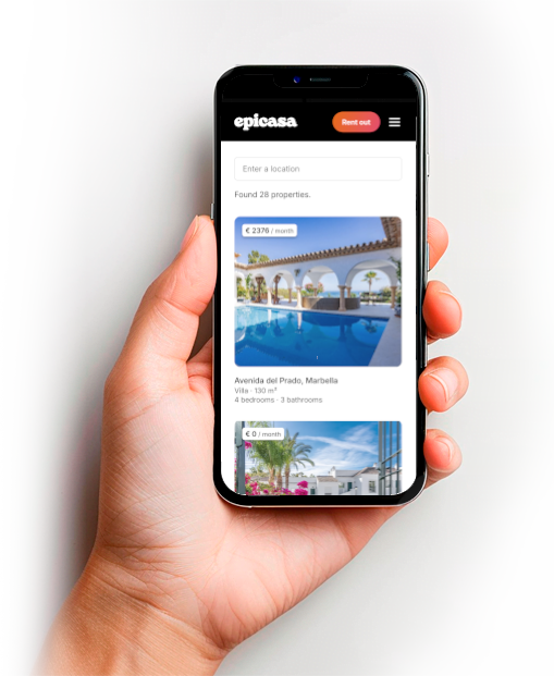 Hand holding a smartphone displaying the epicasa website.